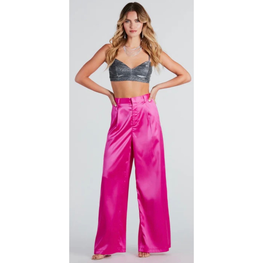 Women's Designer Idem Ditto pink satin wide-leg trousers high-rise pleat waist S